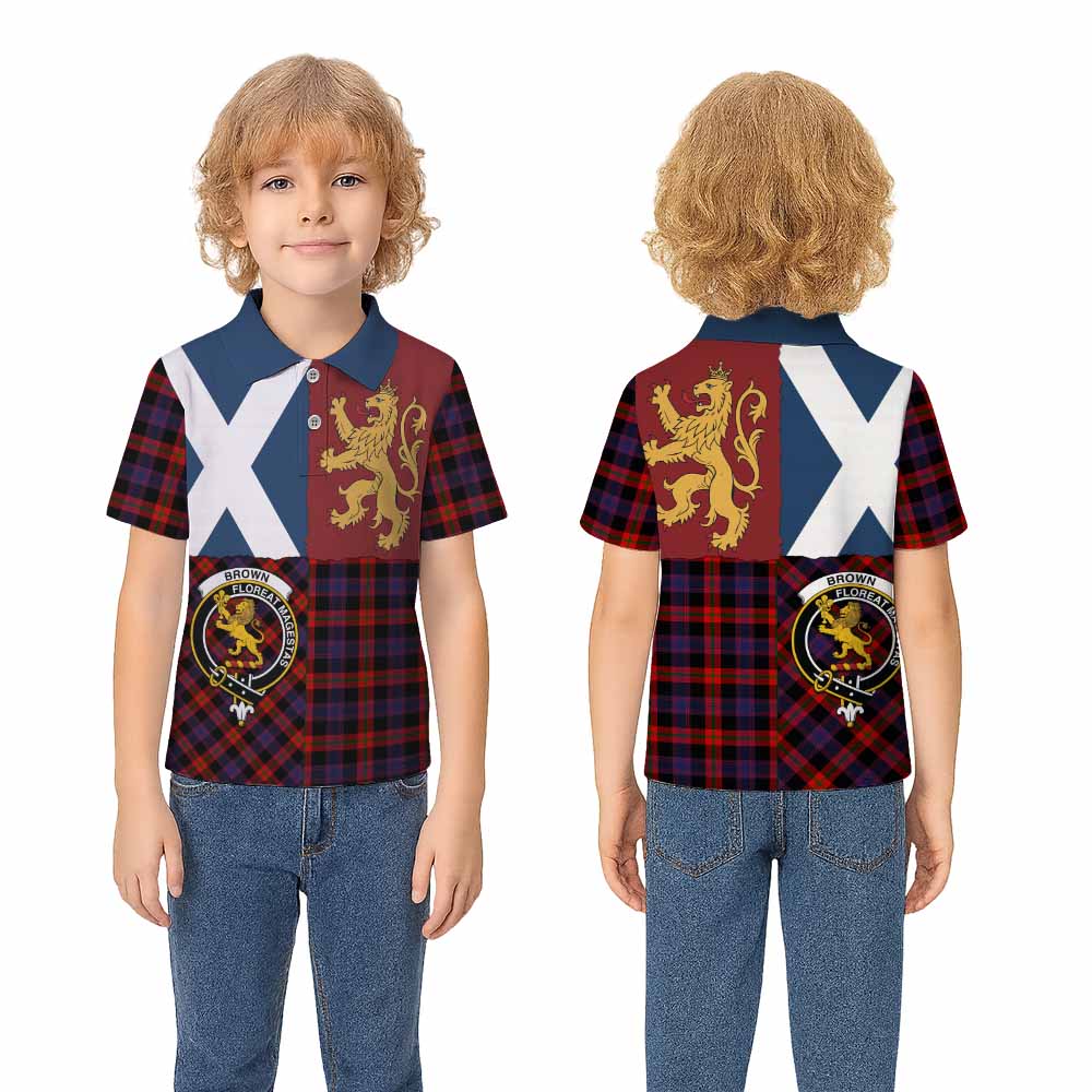 Brown (Broun) Crest Tartan Kid Polo Shirt with Lion Rampant Saltire Style - Tartan Vibes Clothing
