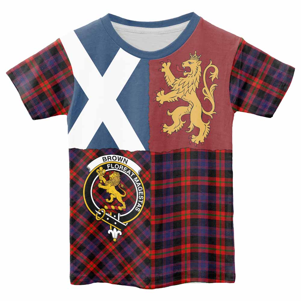 Brown (Broun) Crest Tartan Kid T-shirt with Lion Rampant Saltire Style - Tartan Vibes Clothing