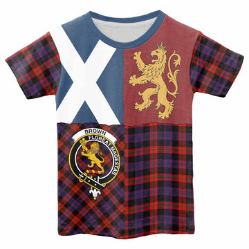 Brown (Broun) Crest Tartan Kid T-shirt with Lion Rampant Saltire Style - Tartan Vibes Clothing