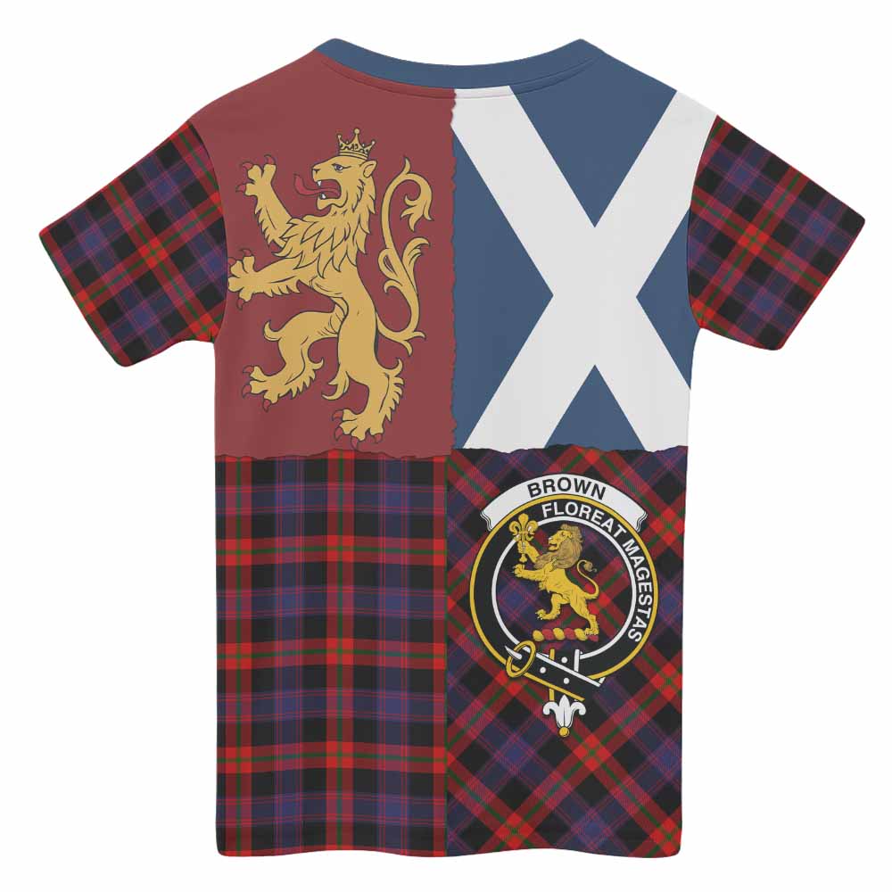 Brown (Broun) Crest Tartan Kid T-shirt with Lion Rampant Saltire Style - Tartan Vibes Clothing