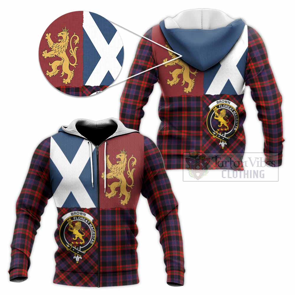 Brown (Broun) Crest Tartan Knitted Hoodie with Lion Rampant Saltire Style