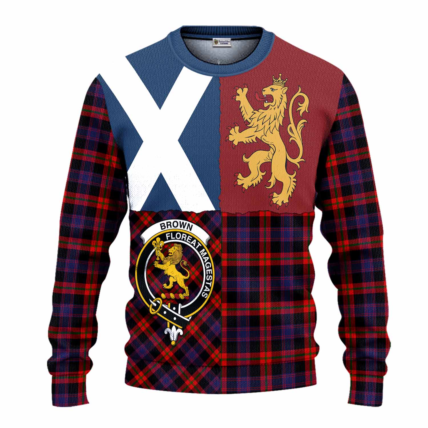 Brown (Broun) Crest Tartan Knitted Sweater with Lion Rampant Saltire Style