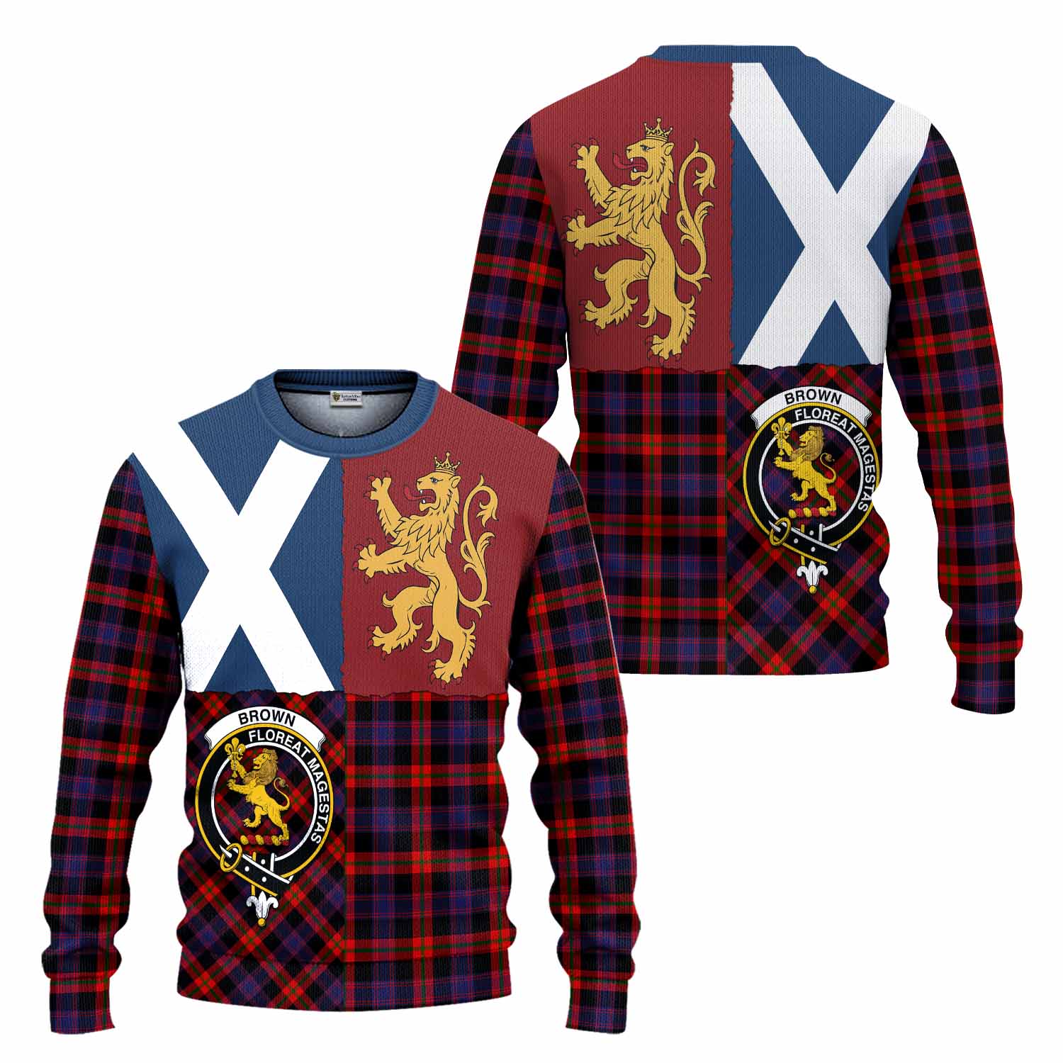 Brown (Broun) Crest Tartan Knitted Sweater with Lion Rampant Saltire Style