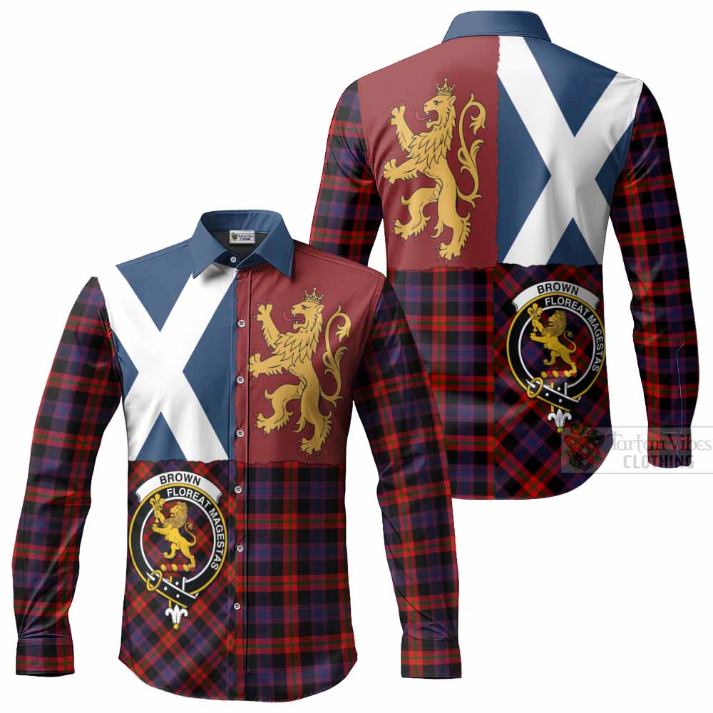 Brown (Broun) Crest Tartan Long Sleeve Button Shirts with Lion Rampant Saltire Style