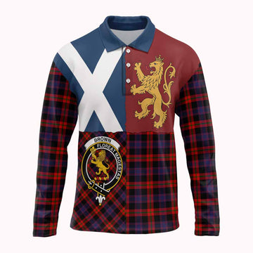 Brown (Broun) Crest Tartan Long Sleeve Polo Shirt with Lion Rampant Saltire Style