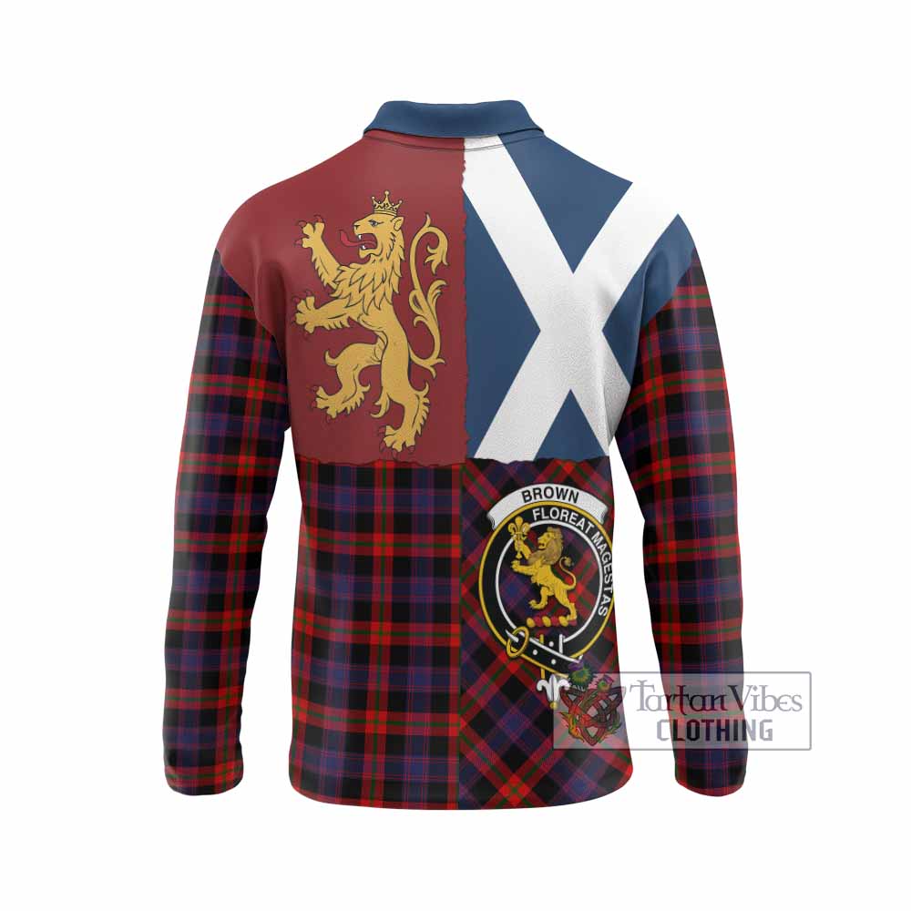Brown (Broun) Crest Tartan Long Sleeve Polo Shirt with Lion Rampant Saltire Style