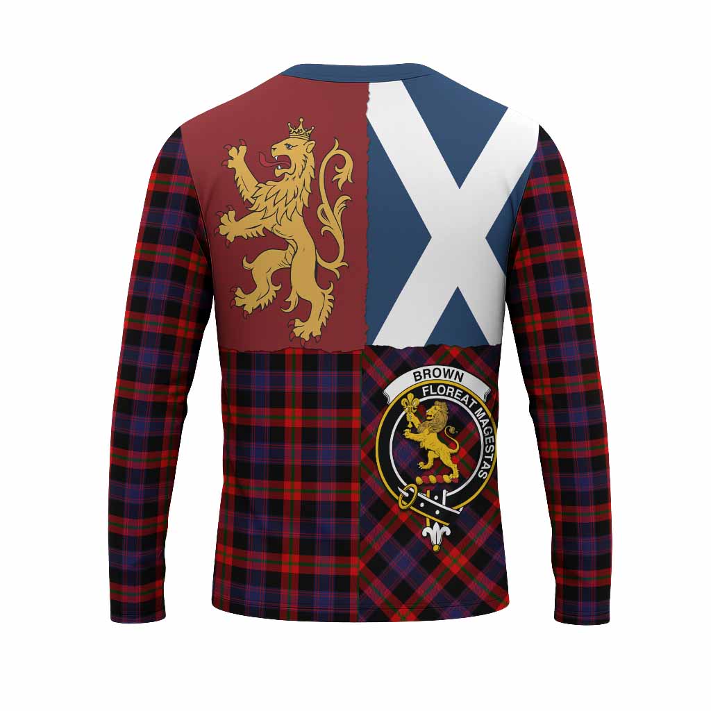 Brown (Broun) Crest Tartan Long Sleeve T-Shirt with Lion Rampant Saltire Style