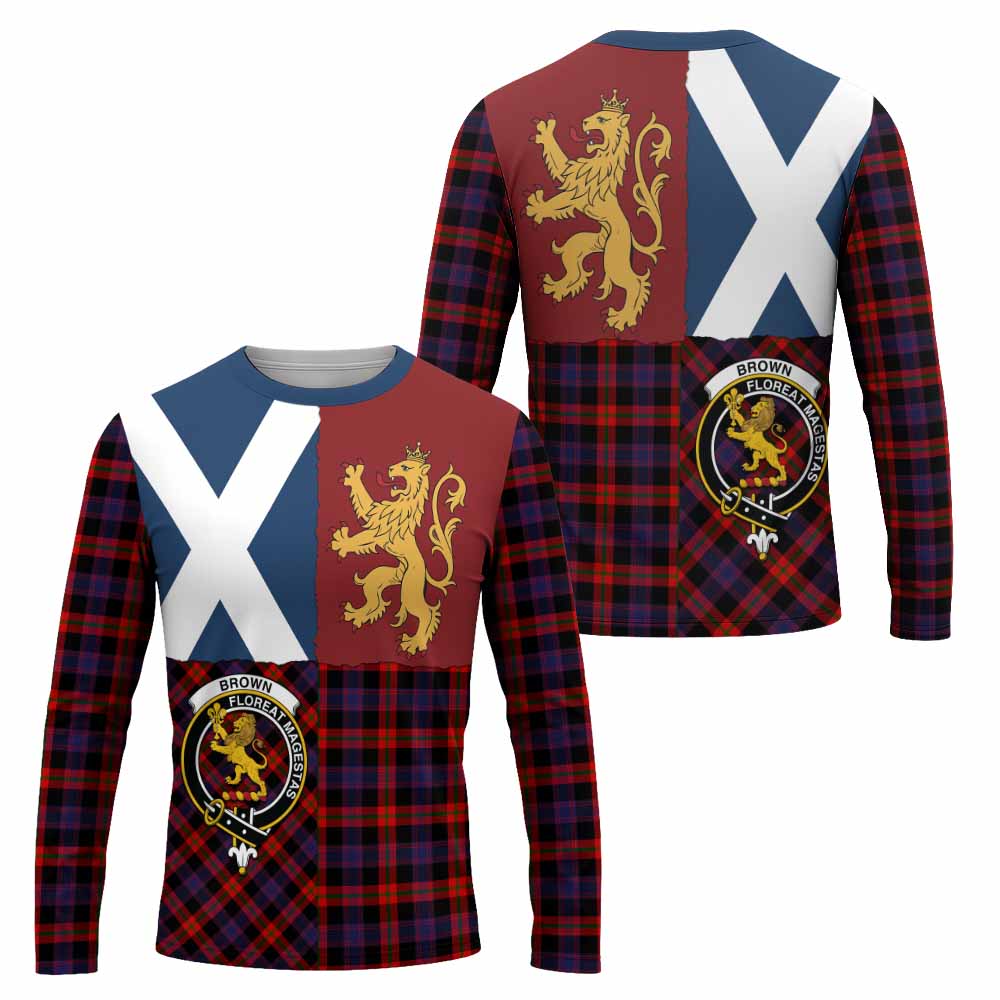 Brown (Broun) Crest Tartan Long Sleeve T-Shirt with Lion Rampant Saltire Style