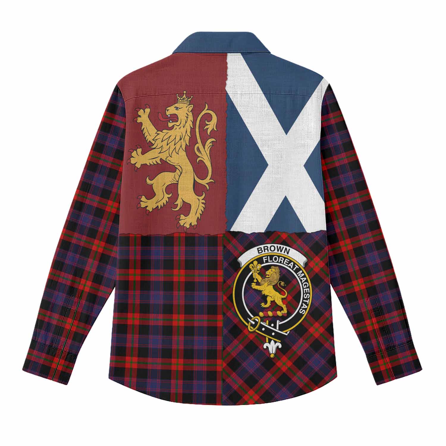 Brown (Broun) Crest Tartan Women Casual Shirt with Lion Rampant Saltire Style