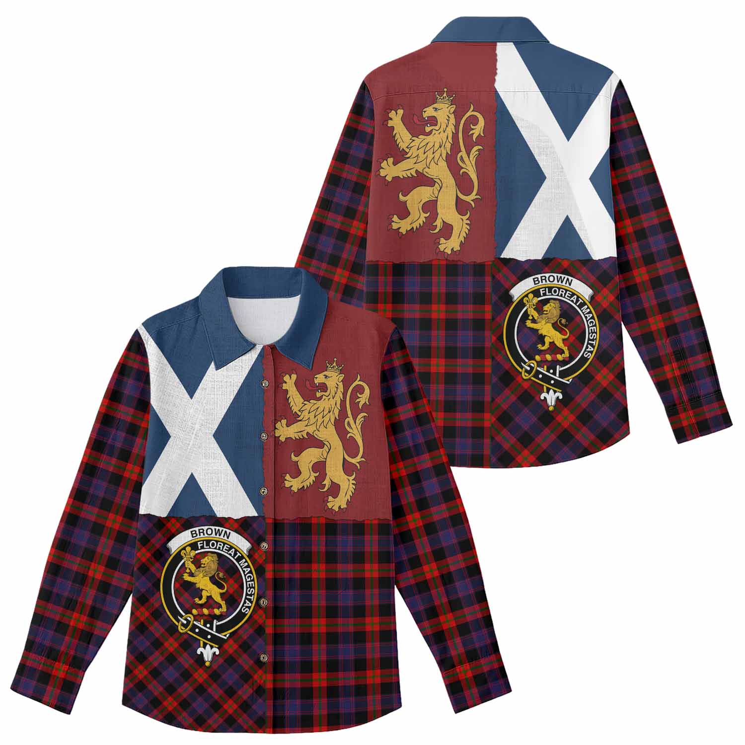 Brown (Broun) Crest Tartan Women Casual Shirt with Lion Rampant Saltire Style