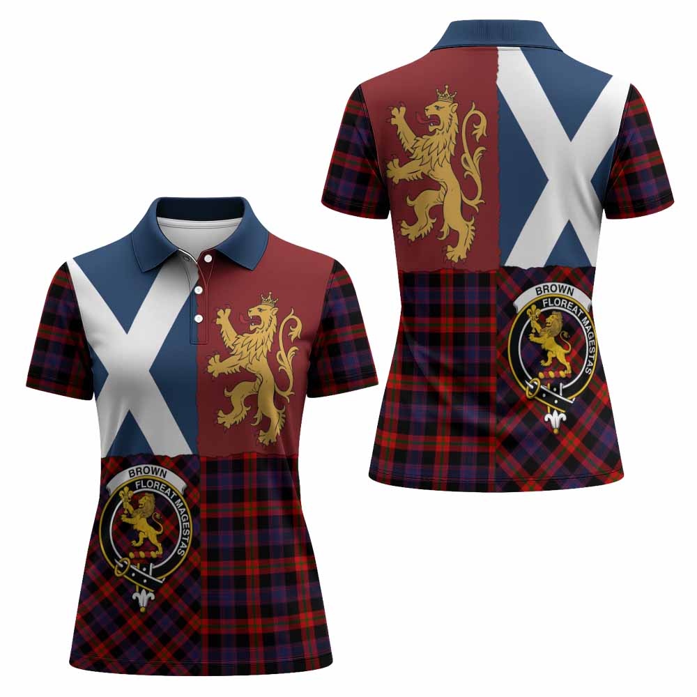 Brown (Broun) Crest Tartan Women Polo Shirt with Lion Rampant Saltire Style