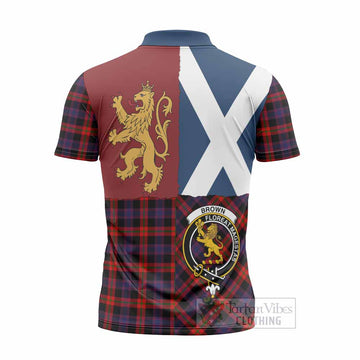 Brown (Broun) Crest Tartan Zipper Polo Shirt with Lion Rampant Saltire Style