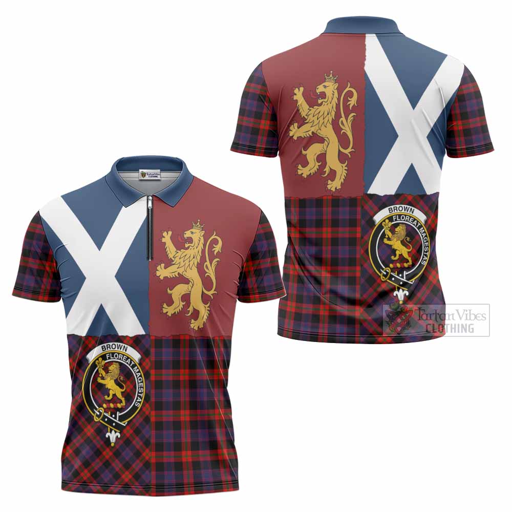 Brown (Broun) Crest Tartan Zipper Polo Shirt with Lion Rampant Saltire Style