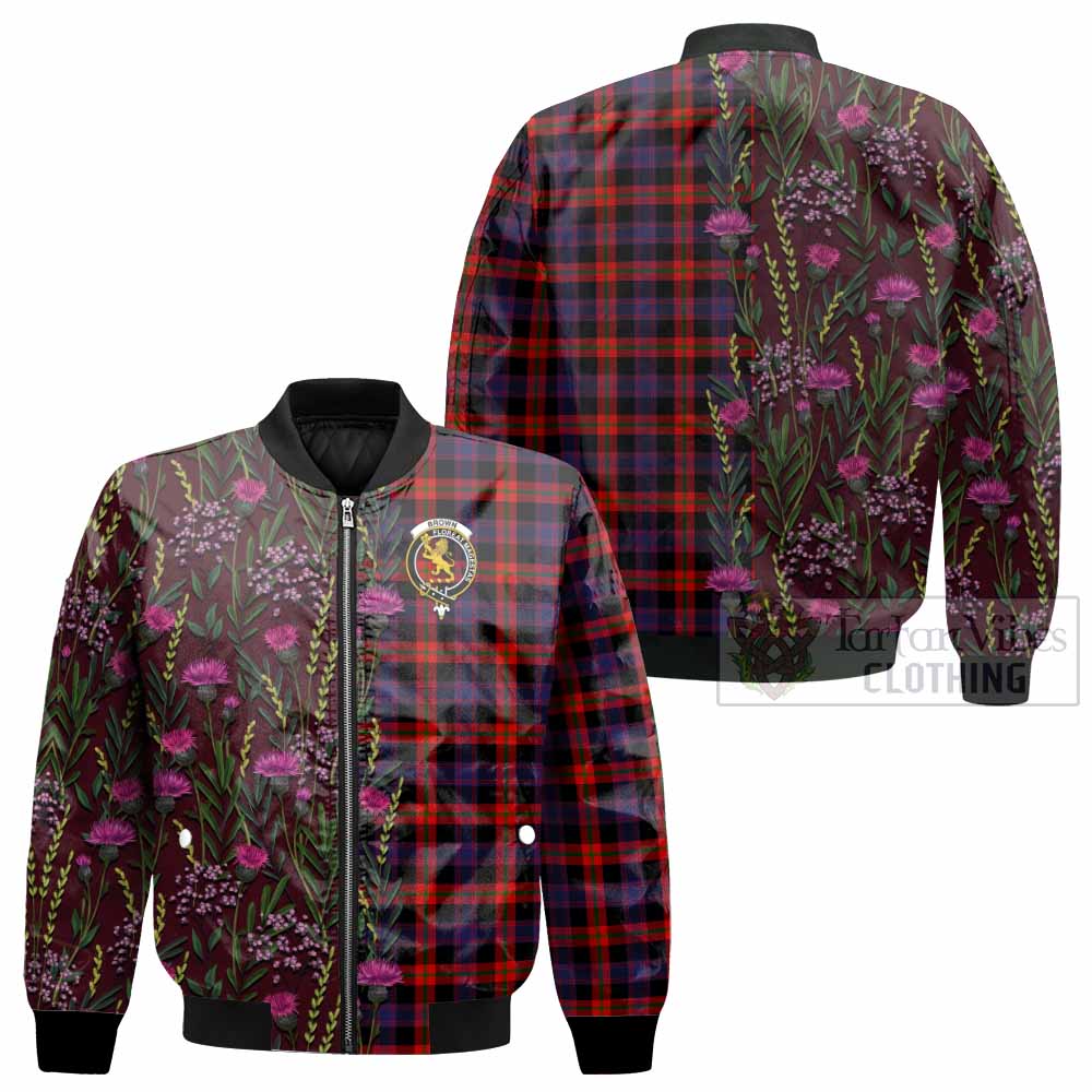 Brown (Broun) Family Crest Tartan Bomber Jacket Scottish Thistle Flower Pattern Half Style - Tartan Vibes Clothing