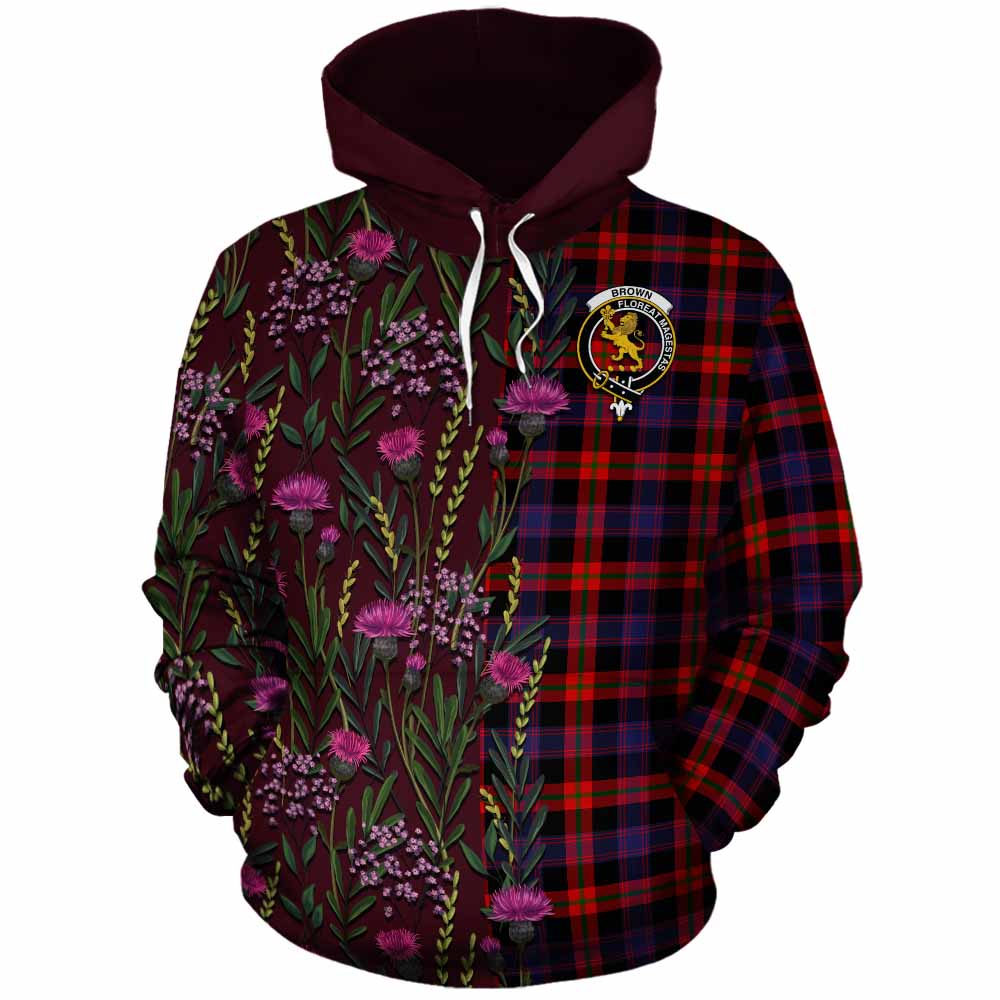 Brown (Broun) Family Crest Tartan Cotton Hoodie Scottish Thistle Flower Pattern Half Style - Tartan Vibes Clothing