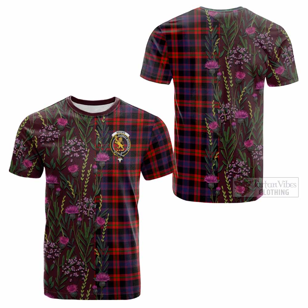 Brown (Broun) Family Crest Tartan Cotton T-shirt Scottish Thistle Flower Pattern Half Style - Tartan Vibes Clothing