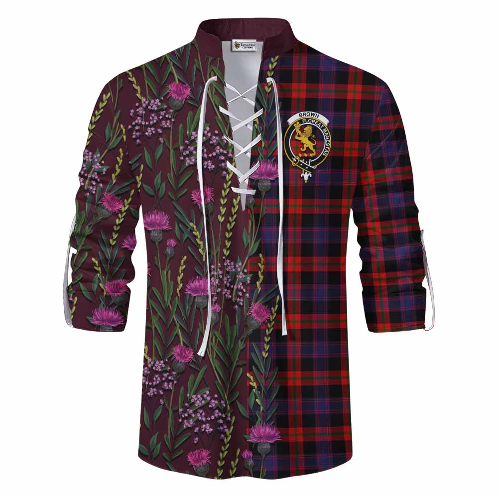 Brown (Broun) Family Crest Tartan Ghillie Shirt Scottish Thistle Flower Pattern Half Style - Tartan Vibes Clothing