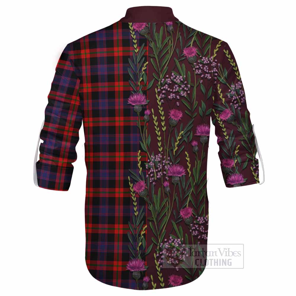 Brown (Broun) Family Crest Tartan Ghillie Shirt Scottish Thistle Flower Pattern Half Style - Tartan Vibes Clothing