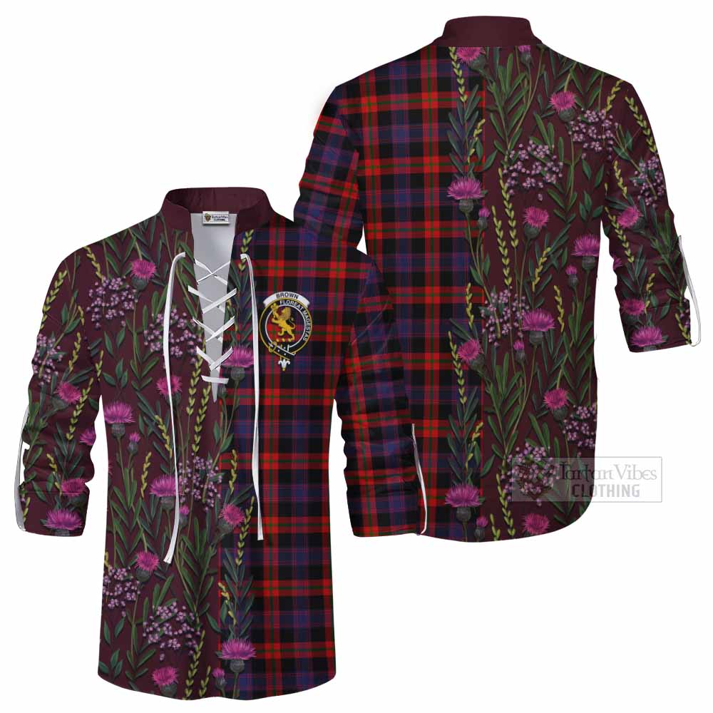 Brown (Broun) Family Crest Tartan Ghillie Shirt Scottish Thistle Flower Pattern Half Style - Tartan Vibes Clothing