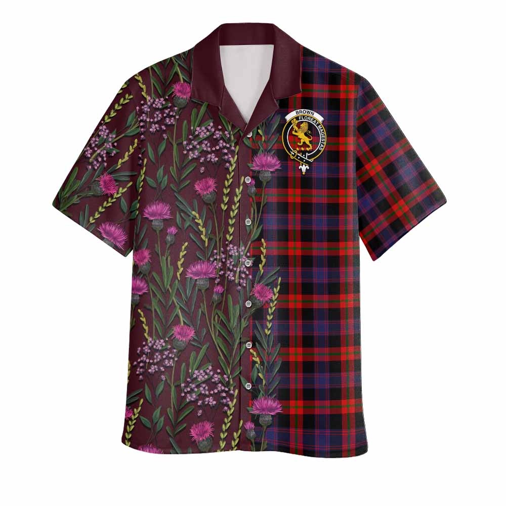 Brown (Broun) Family Crest Tartan Hawaiian Shirt Scottish Thistle Flower Pattern Half Style - Tartan Vibes Clothing