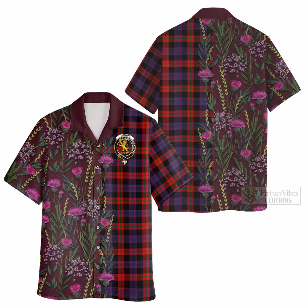 Brown (Broun) Family Crest Tartan Hawaiian Shirt Scottish Thistle Flower Pattern Half Style - Tartan Vibes Clothing