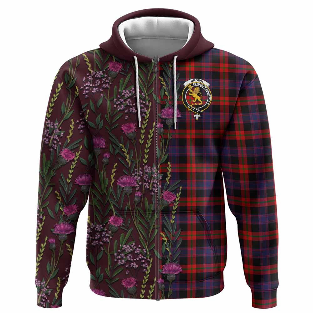 Brown (Broun) Family Crest Tartan Hoodie Scottish Thistle Flower Pattern Half Style - Tartan Vibes Clothing