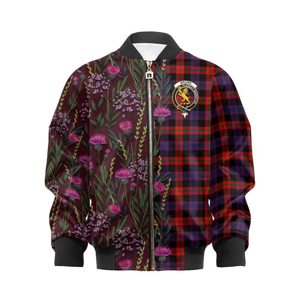 Brown (Broun) Family Crest Tartan Kid Bomber Jacket Scottish Thistle Flower Pattern Half Style - Tartan Vibes Clothing
