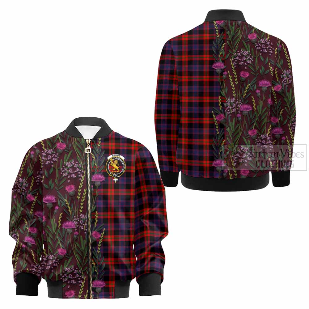 Brown (Broun) Family Crest Tartan Kid Bomber Jacket Scottish Thistle Flower Pattern Half Style - Tartan Vibes Clothing