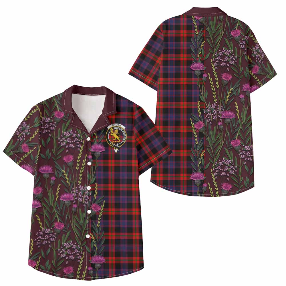 Brown (Broun) Family Crest Tartan Kid Hawaiian Shirt Scottish Thistle Flower Pattern Half Style - Tartan Vibes Clothing