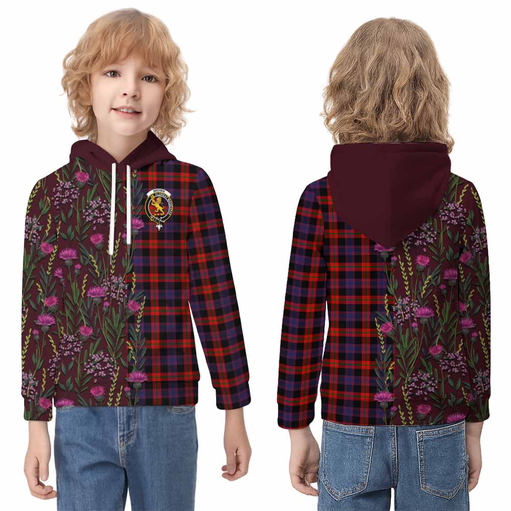 Brown (Broun) Family Crest Tartan Kid Hoodie Scottish Thistle Flower Pattern Half Style - Tartan Vibes Clothing