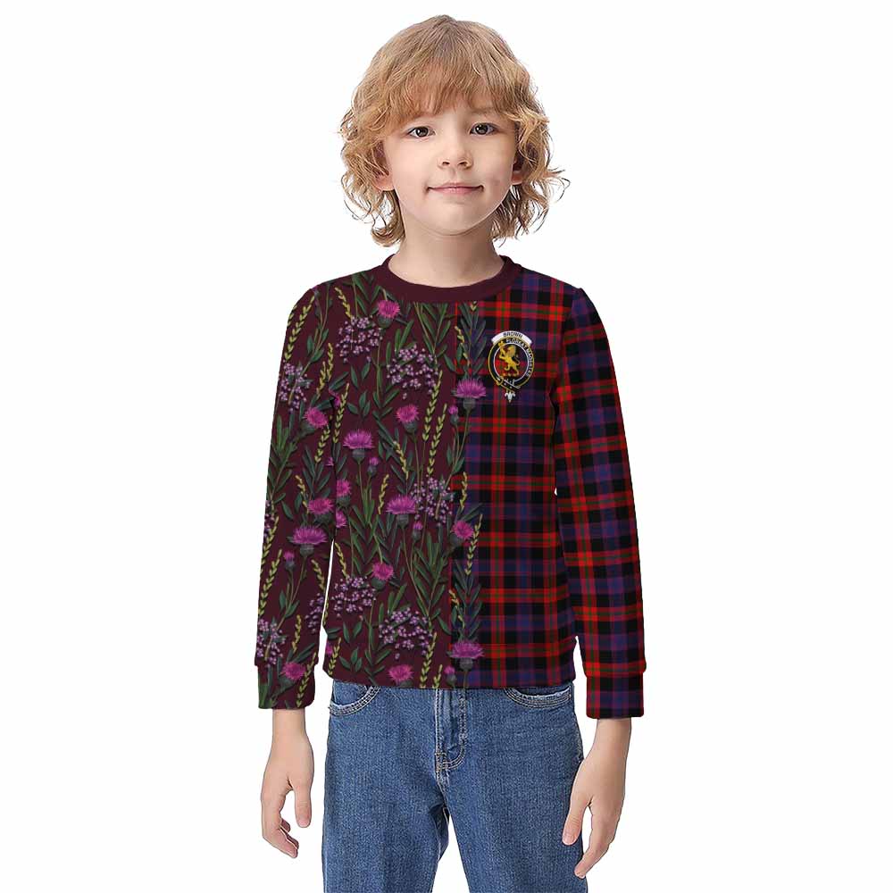 Brown (Broun) Family Crest Tartan Kid Knitted Sweatshirt Scottish Thistle Flower Pattern Half Style - Tartan Vibes Clothing