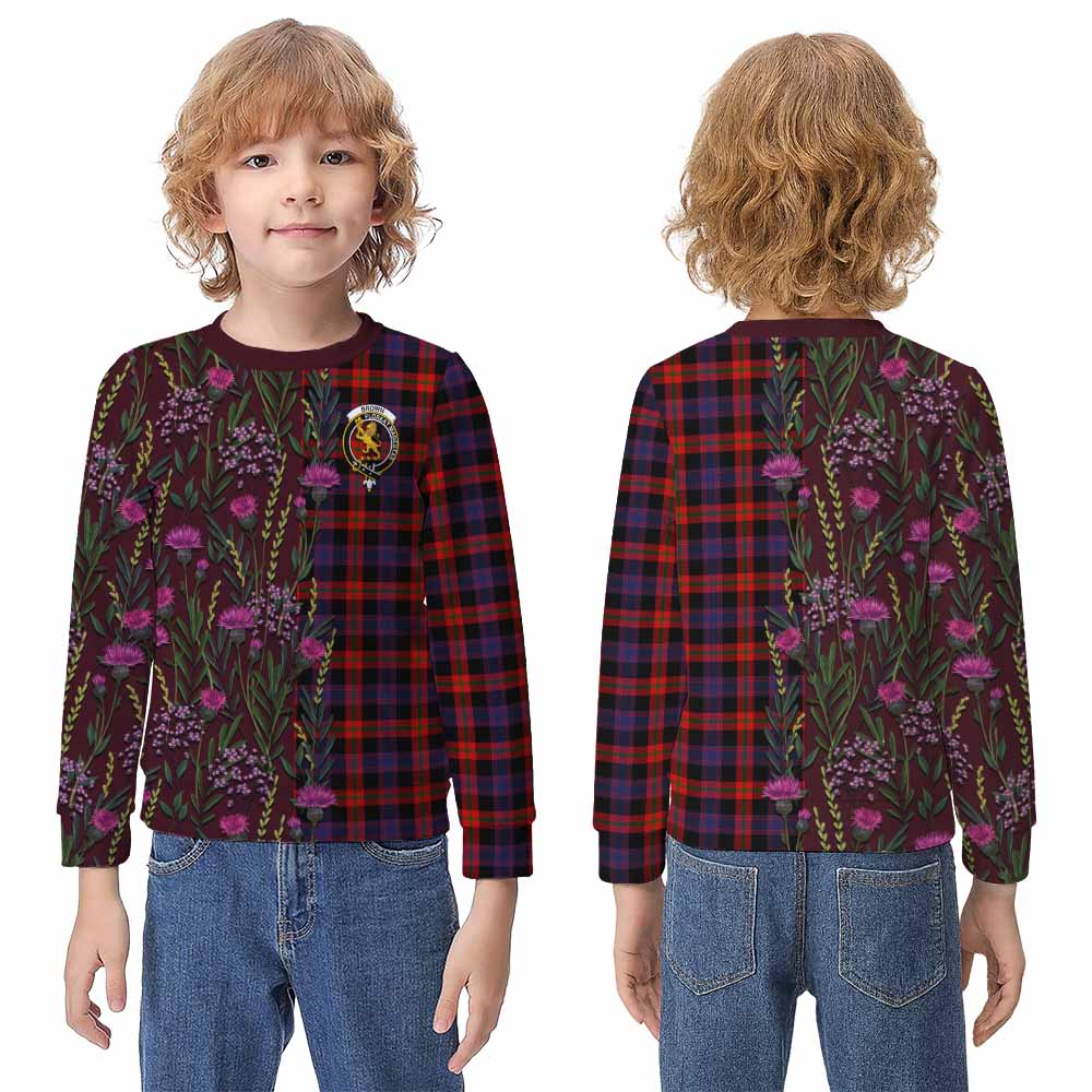 Brown (Broun) Family Crest Tartan Kid Knitted Sweatshirt Scottish Thistle Flower Pattern Half Style - Tartan Vibes Clothing