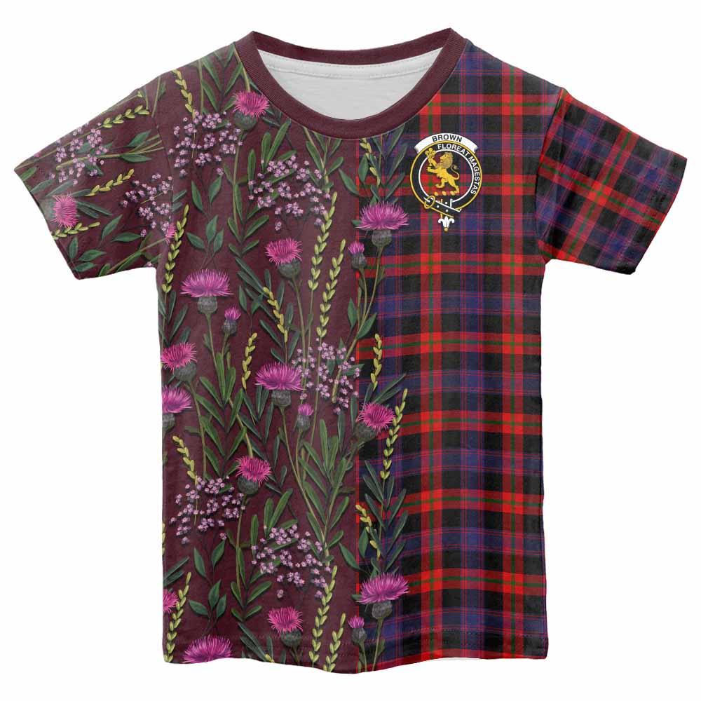 Brown (Broun) Family Crest Tartan Kid T-shirt Scottish Thistle Flower Pattern Half Style - Tartan Vibes Clothing