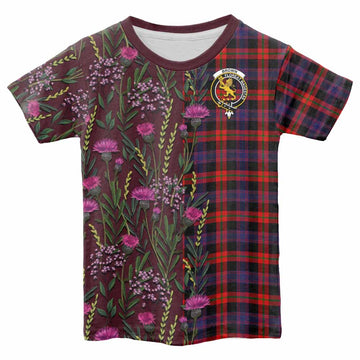 Brown (Broun) Family Crest Tartan Kid T-shirt Scottish Thistle Flower Pattern Half Style - Tartan Vibes Clothing