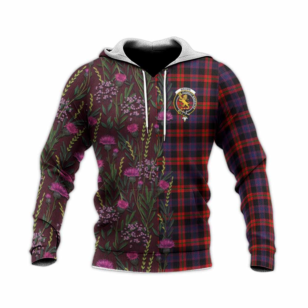 Brown (Broun) Family Crest Tartan Knitted Hoodie Scottish Thistle Flower Pattern Half Style - Tartan Vibes Clothing