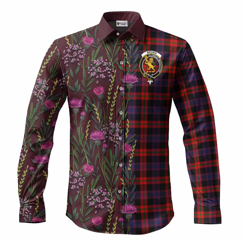 Brown (Broun) Family Crest Tartan Long Sleeve Button Shirts Scottish Thistle Flower Pattern Half Style - Tartan Vibes Clothing