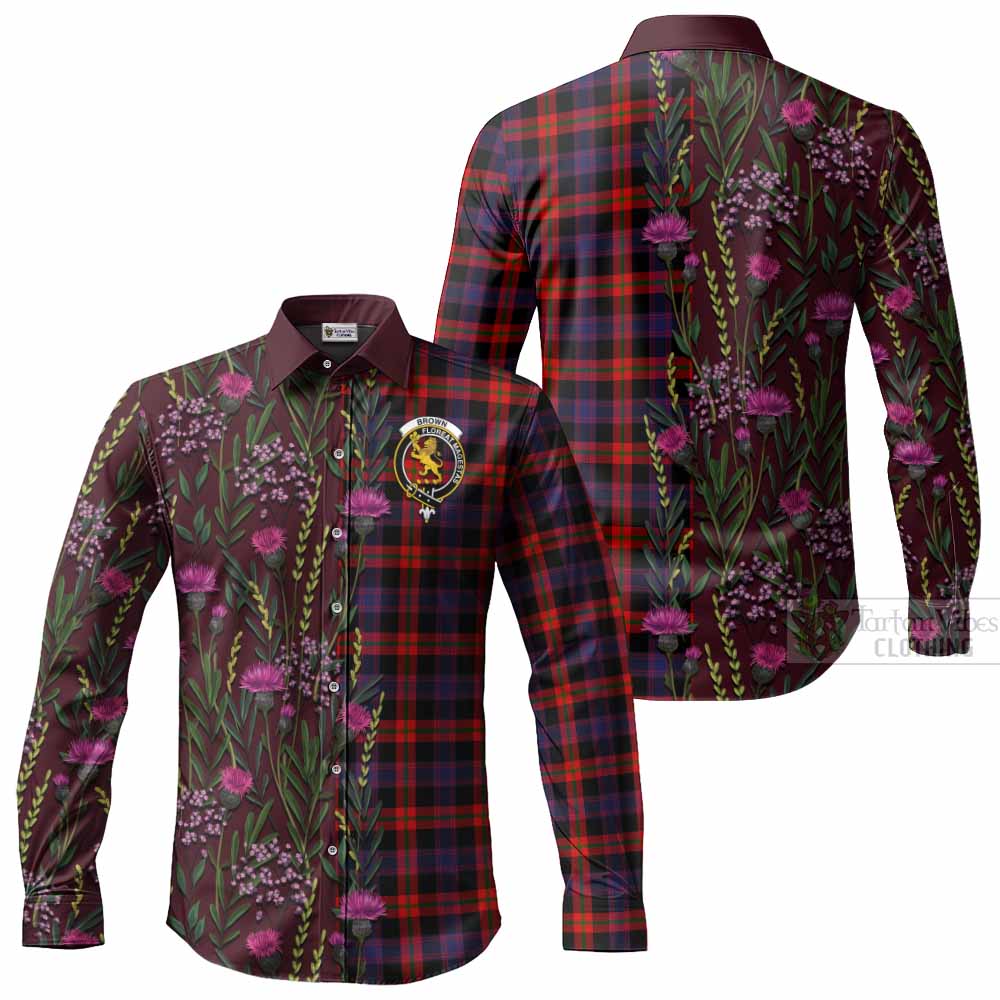 Brown (Broun) Family Crest Tartan Long Sleeve Button Shirts Scottish Thistle Flower Pattern Half Style - Tartan Vibes Clothing