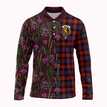 Brown (Broun) Family Crest Tartan Long Sleeve Polo Shirt Scottish Thistle Flower Pattern Half Style - Tartan Vibes Clothing