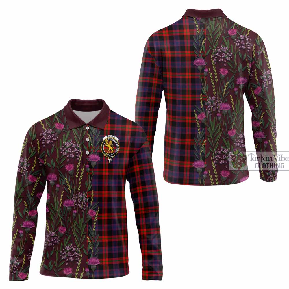Brown (Broun) Family Crest Tartan Long Sleeve Polo Shirt Scottish Thistle Flower Pattern Half Style - Tartan Vibes Clothing