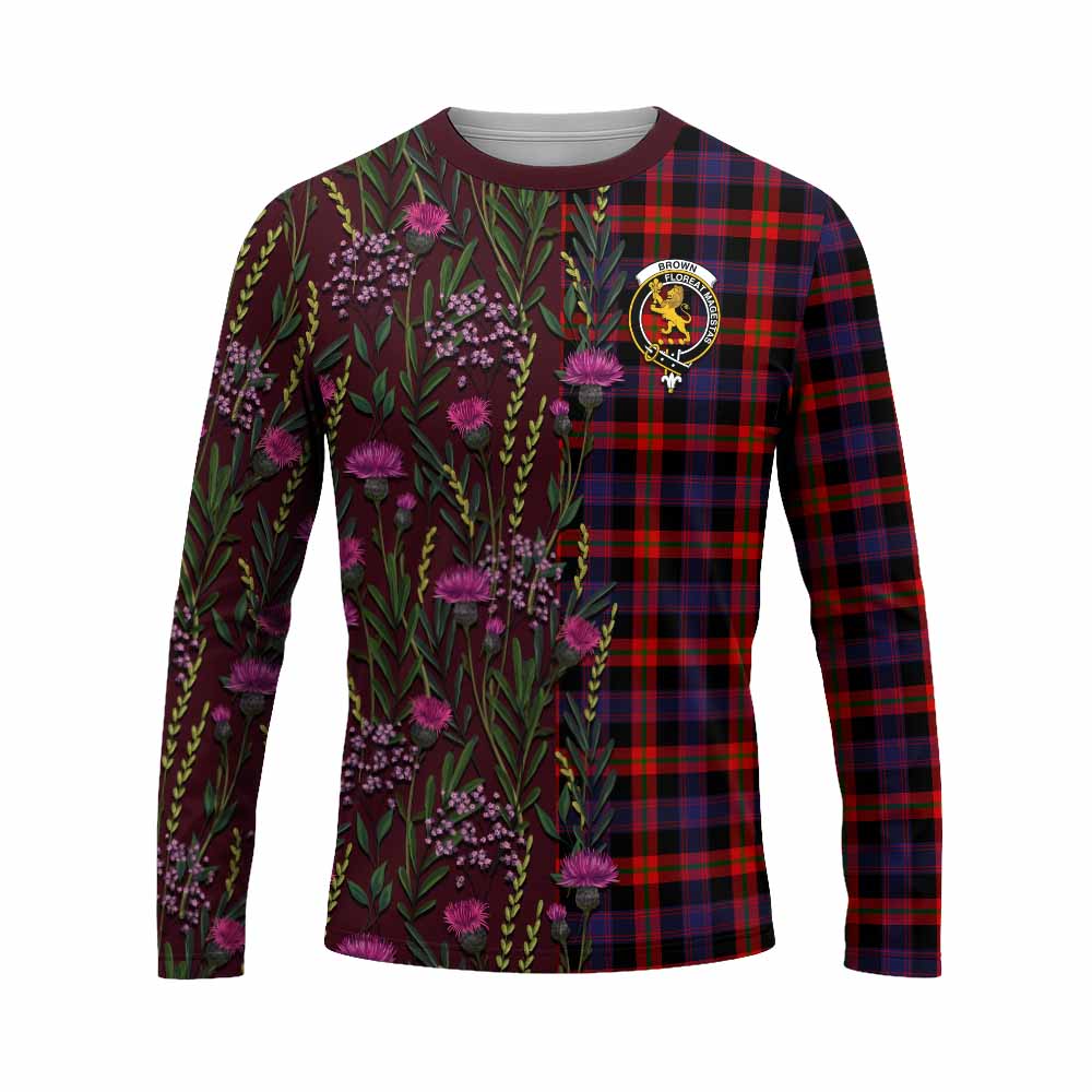 Brown (Broun) Family Crest Tartan Long Sleeve T-Shirt Scottish Thistle Flower Pattern Half Style - Tartan Vibes Clothing