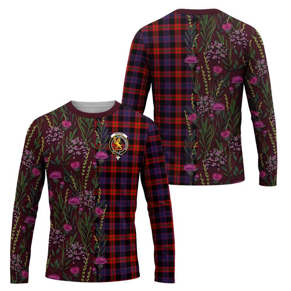 Brown (Broun) Family Crest Tartan Long Sleeve T-Shirt Scottish Thistle Flower Pattern Half Style - Tartan Vibes Clothing