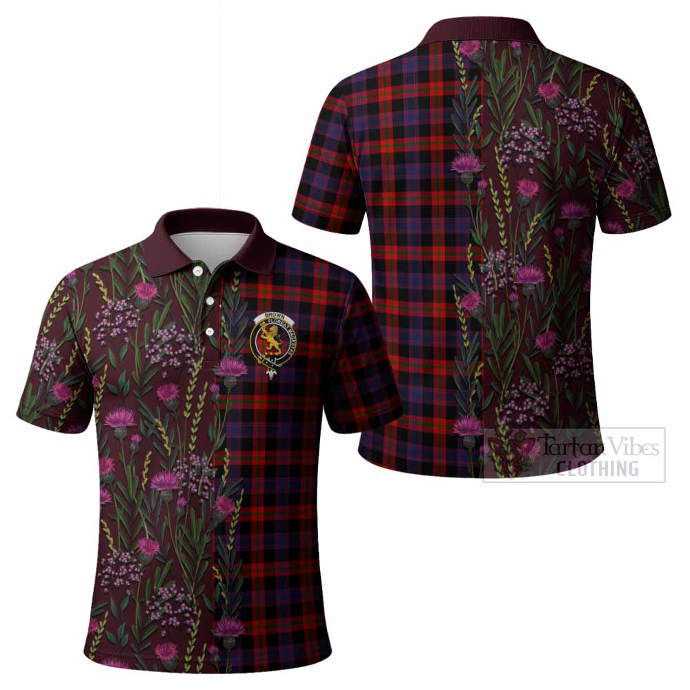 Brown (Broun) Family Crest Tartan Polo Shirt Scottish Thistle Flower Pattern Half Style - Tartan Vibes Clothing