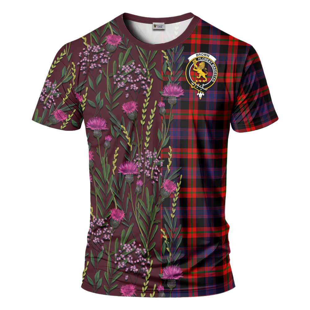 Brown (Broun) Family Crest Tartan T-Shirt Scottish Thistle Flower Pattern Half Style - Tartan Vibes Clothing