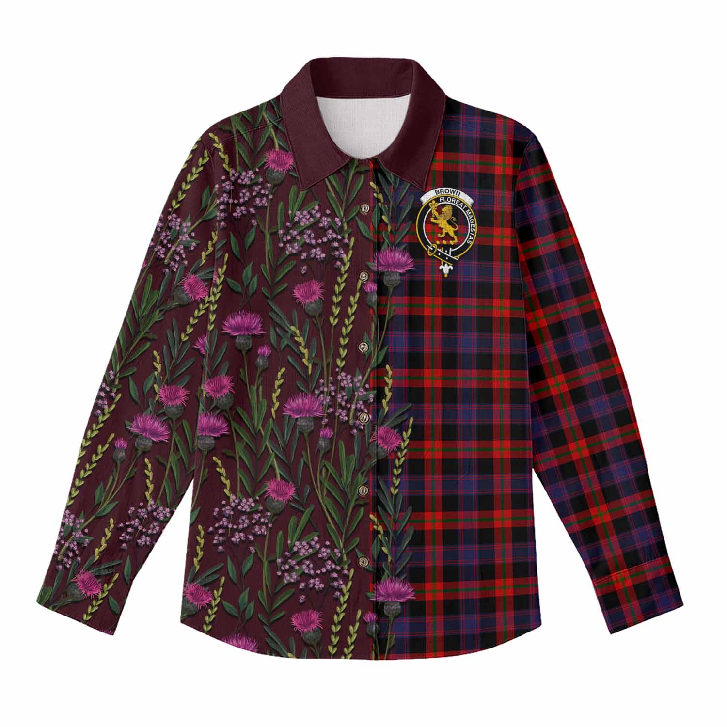 Brown (Broun) Family Crest Tartan Women Casual Shirt Scottish Thistle Flower Pattern Half Style - Tartan Vibes Clothing