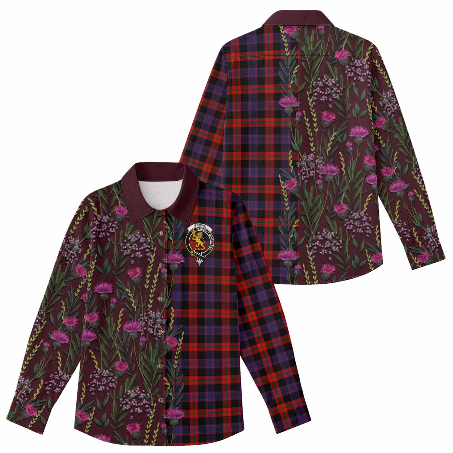 Brown (Broun) Family Crest Tartan Women Casual Shirt Scottish Thistle Flower Pattern Half Style - Tartan Vibes Clothing