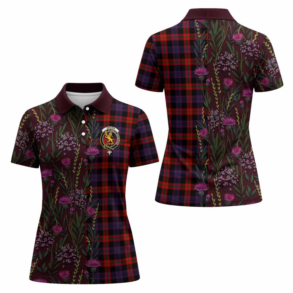 Brown (Broun) Family Crest Tartan Women Polo Shirt Scottish Thistle Flower Pattern Half Style - Tartan Vibes Clothing