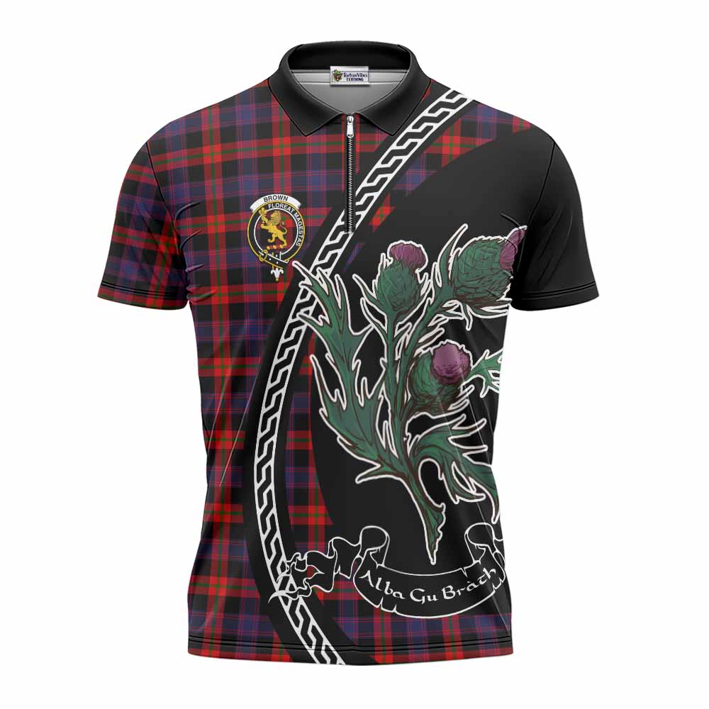 Brown (Broun) Family Crest Tartan Zipper Polo Shirt Alba Thistle Inspired - Tartan Vibes Clothing