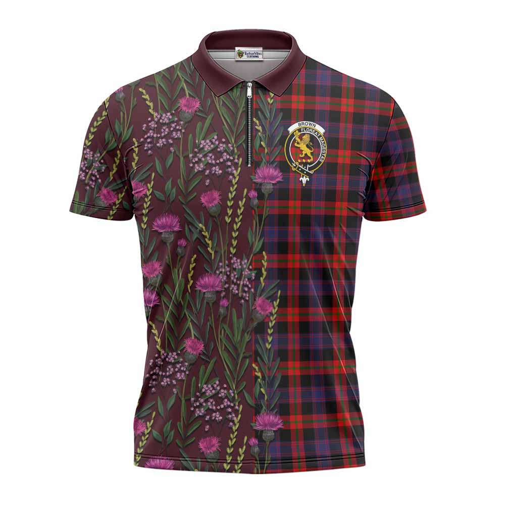 Brown (Broun) Family Crest Tartan Zipper Polo Shirt Scottish Thistle Flower Pattern Half Style - Tartan Vibes Clothing