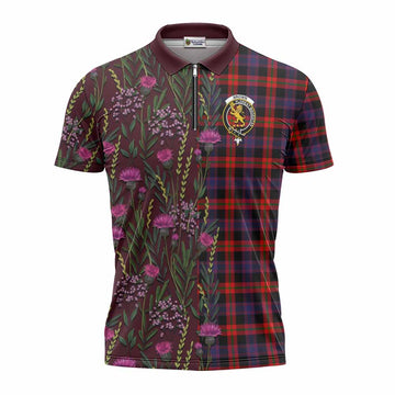 Brown (Broun) Family Crest Tartan Zipper Polo Shirt Scottish Thistle Flower Pattern Half Style - Tartan Vibes Clothing