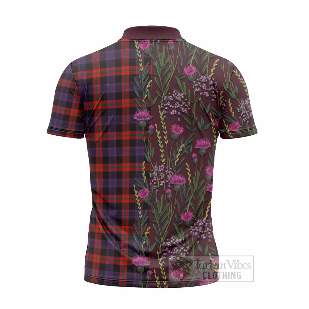 Brown (Broun) Family Crest Tartan Zipper Polo Shirt Scottish Thistle Flower Pattern Half Style - Tartan Vibes Clothing